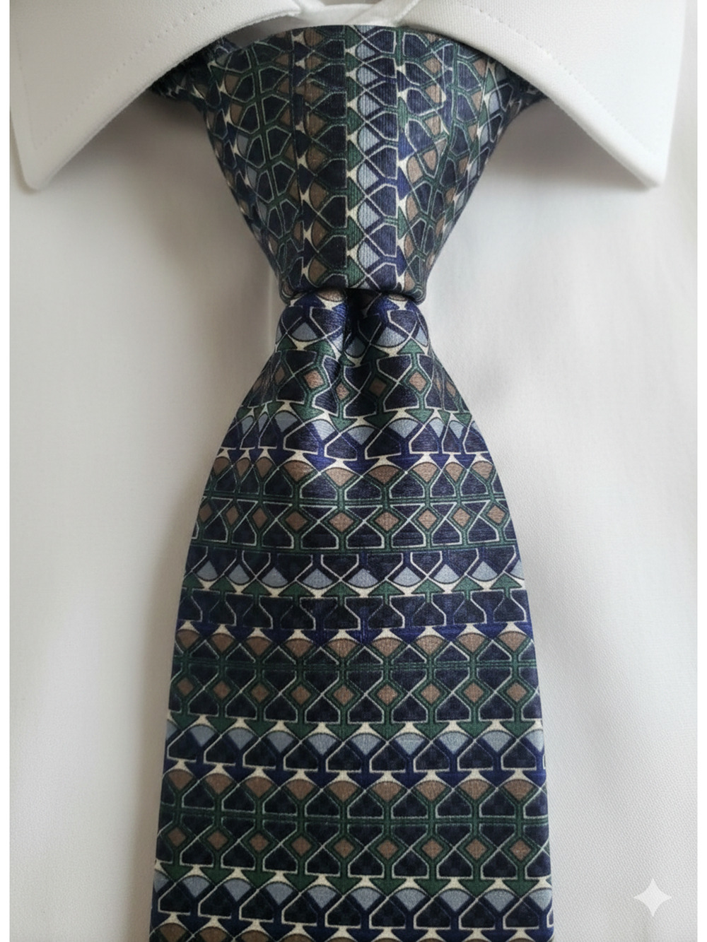 J. Garcia blue green tan pattern striped silk tie - 56" - corpcore office